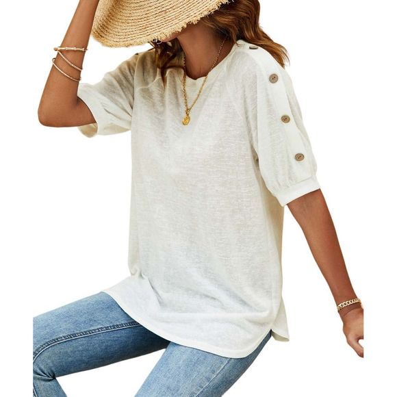 Enno White Button Accent Half-Sleeve Crewneck Tee Size L - Picture 4 of 4